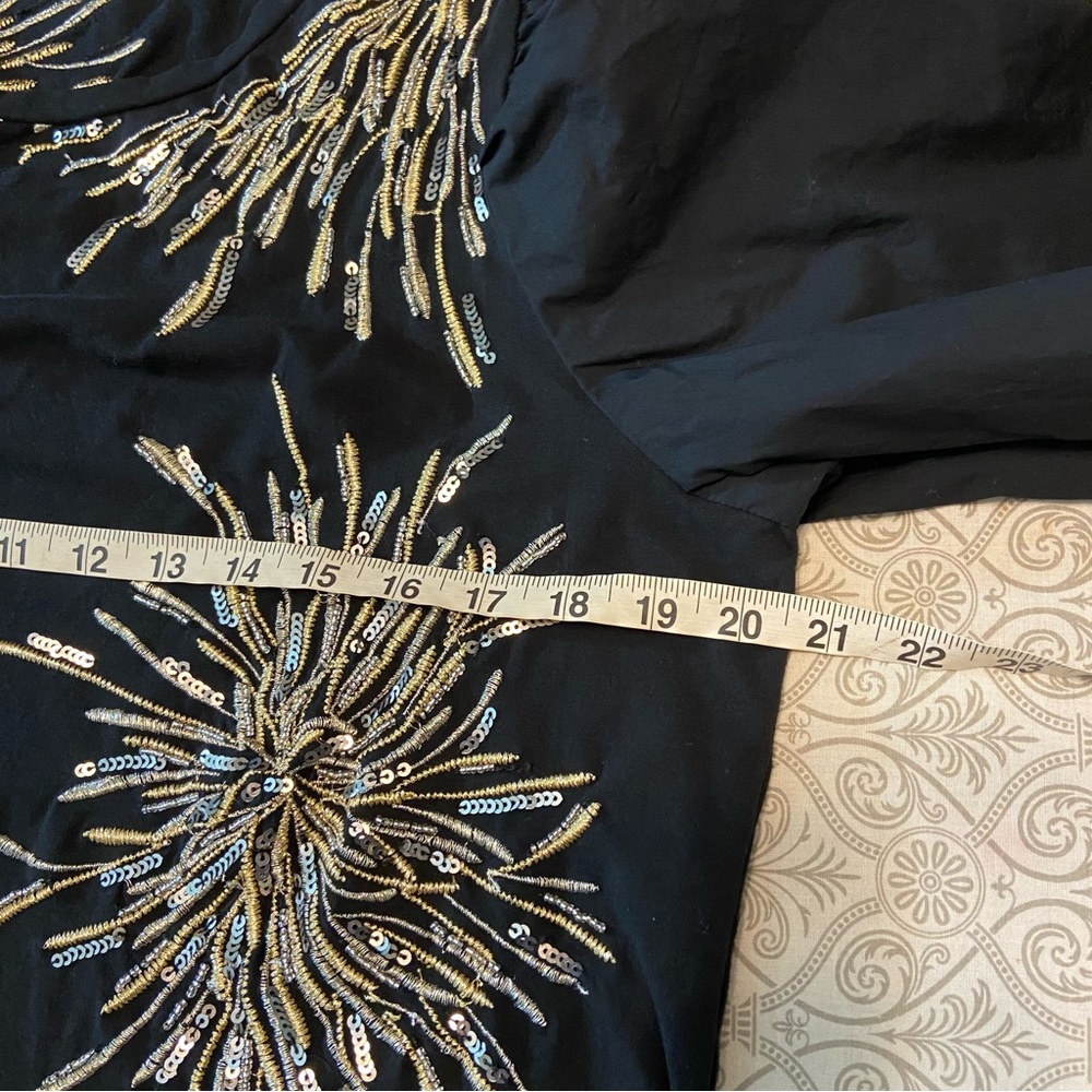 Chico's Sz 2 Fireworks Embroidered Metallic Sequin Blouse Poplin Puff Sleeve L - Picture 3 of 11